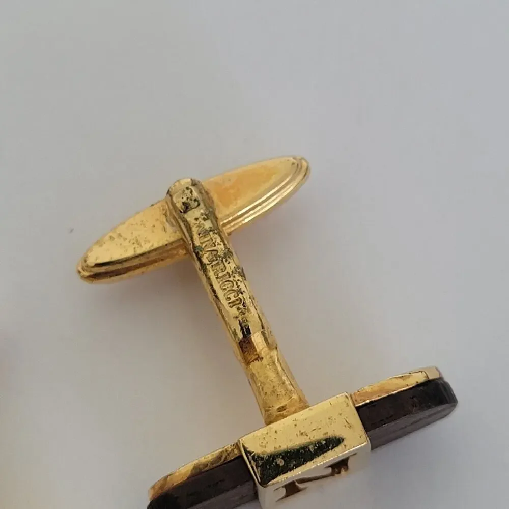 Nina Ricci N‎ Oval Cufflinks Gold Brown Wood Tone French Designer Retro Vintage